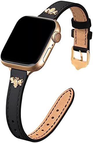 JR.DM Elegant Slim Leather-Bands Compatible with Apple Watch Band 38mm 40mm 41mm 42mm 44mm 45mm 49mm, Designer Top Grain Black Leather Watch Band with Charms, Feminine Design for Ultra SE & Series 8 7 6 5 4 3 2 1 (Black Band | Gold Clasp)