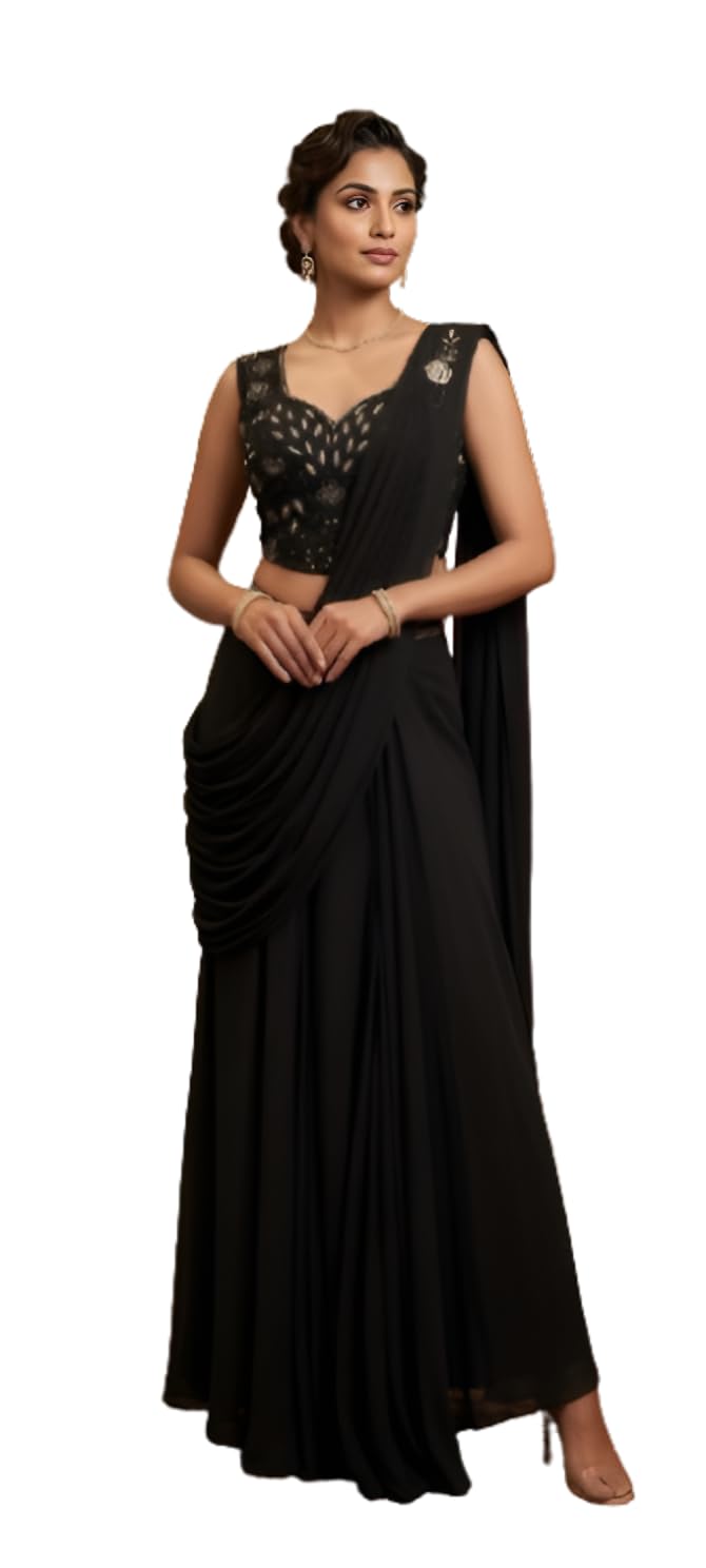 Black Pre-Draped Saree Gown with Embroidered Blouse, Ready to Wear, Ethnic Wear for Women-image-48