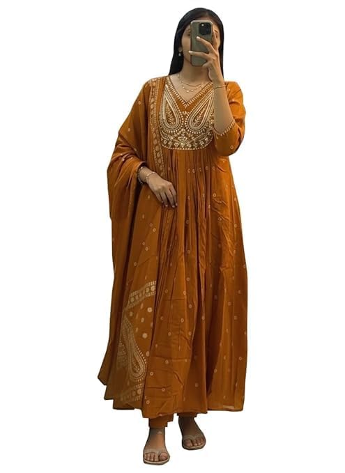 Women Ethnic Anarkali Kurta Set with Dupatta – Cotton Blend Embroidered Long Kurti Dress, Festive Traditional Outfit for Party, Wedding, Office & Casual (IN, Alpha, XXL, Orange)-picture-42