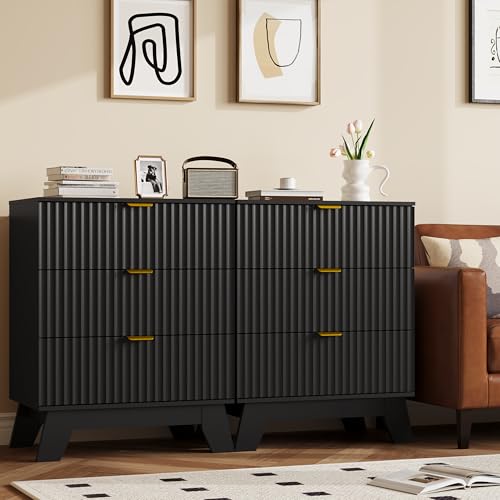Image of Fluted Nightstand Sets of 2 with 3 Large Drawers, Wooden Side End Table with Elevated Legs for Easy Cleaning, Sturdy Modern Beside Table for Small Space, Bedroom, Black, 24 inch L