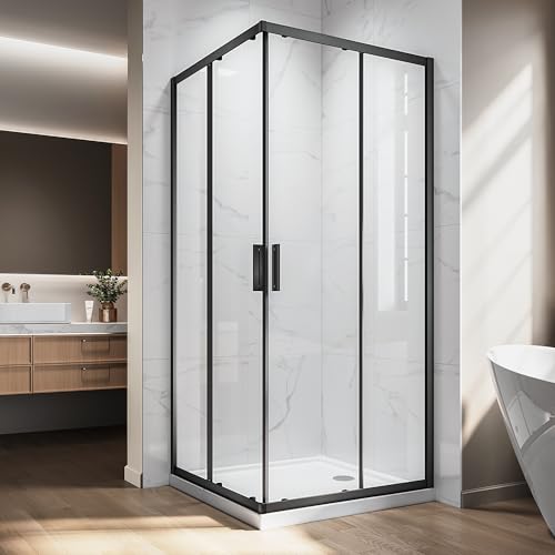 Bathroom Corner Shower Enclosure, 34 in. L x 34 in. W x 76 in. H, 1/4 in. (6mm) Thick Clear Tempered Glass Door, Dual Sliding Doors with Brushed Gold Hardware Kit (Black, 34 * 76)