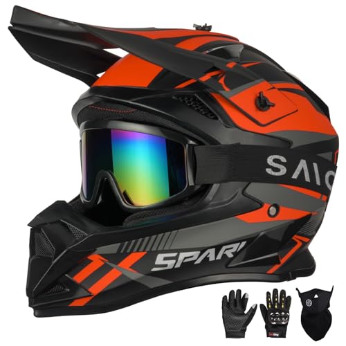 Image of Adult Motocross Helmet ATV Dirt Bike Off-Road Full Face Motorcycle Helmet W/Goggles Gloves & Mask, DOT Approved (Vitality Orange, Medium)