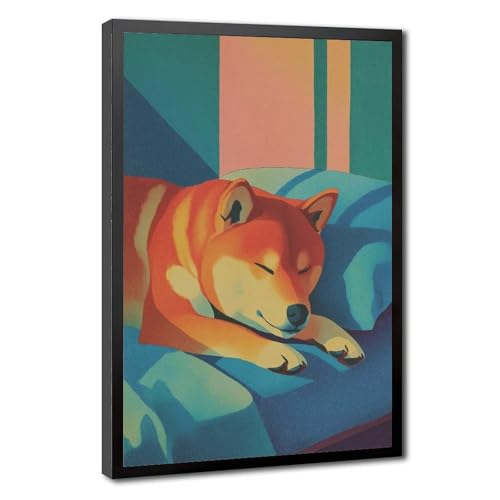 Shiba Inu art décoration murale salon, grand tableau de chien endormi sur toile