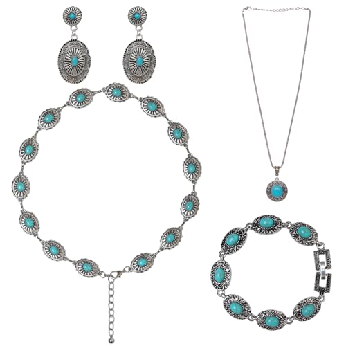 Fumwase Set di 4 gioielli in stile bohémien con turchese, collana con ciondolo turchese vintage, orecchini pendenti e braccialetto, gioielli occidentali per donne, set di gioielli vintage retrò