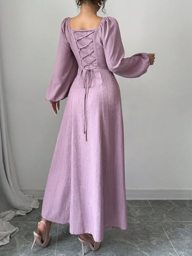 Narecte Fall Dresses for Women Elegant Long Sleeve Maxi Dress Square Neck Back Tie Casual Dresses4