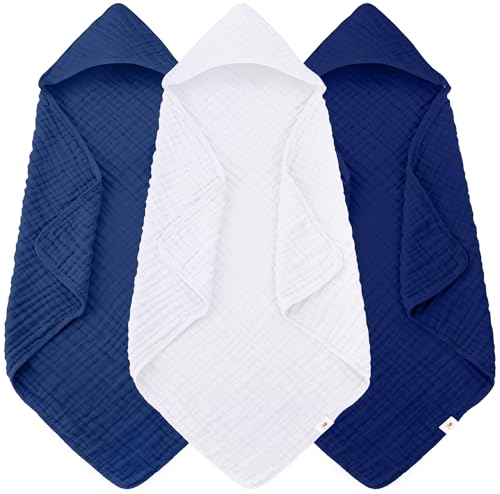 Image of Sunny zzzZZ Muslin Hooded Baby Bath Towels - 3 Pack 100% Cotton Soft Low-Saturation Pastel Towels Including Classic White for Newborns, Infants, Toddlers - 32x32 Inch - Deep Navy and White