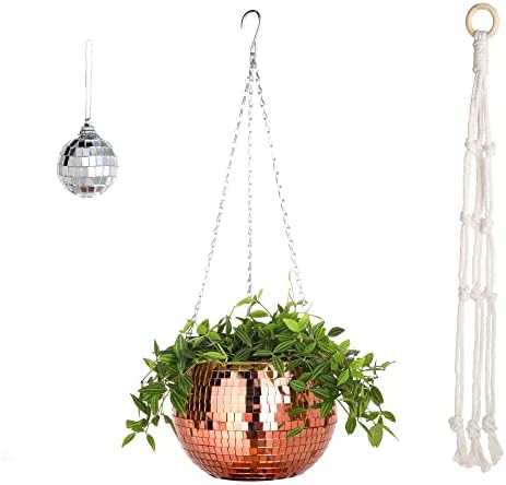 Large Self Watering Disco Ball Planter - 8 Inch Rose Gold Hanging Planter, Macrame Plant Hanger, Keychain Ready to Use - Boho Decor Planter Pot for Indoor or Outdoor