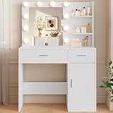 LIVELYGLOW White Makeup Vanity with 10 Hollywood Light Bulbs, 35.4' Wide Dressing Table with Large Mirror & Dimming Function, Small Space Vanity Desk with 2 Drawers, Storage Cabinet & Shelves