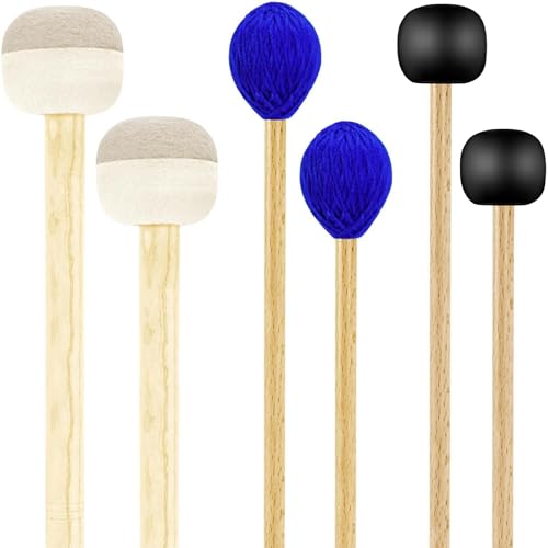 3 Pairs Blue Hard Yarn Head Keyboard Marimba Mallets - Felt Head Timpani Mallet, Yarn Marimba Mallets, Black Rubber Bell Mallet, Timpani Mallets Set Xylophone Mallet with Wood Handles