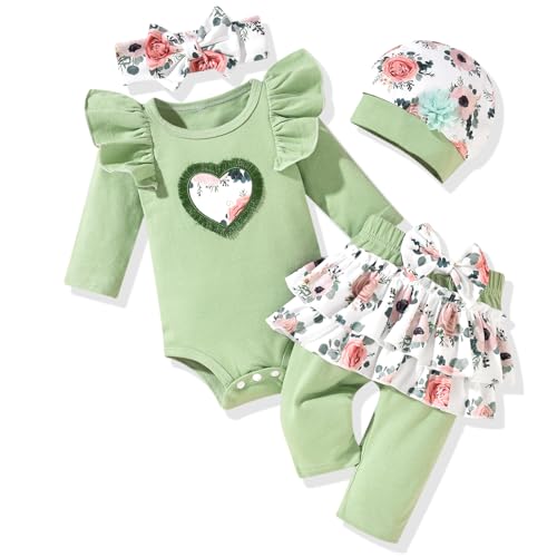 fioukiay Newborn Baby Girl Clothes Infant Girls Floral Love Printed Romper and Ruffle Pants Sets 4pcs Winter Fall Outfits