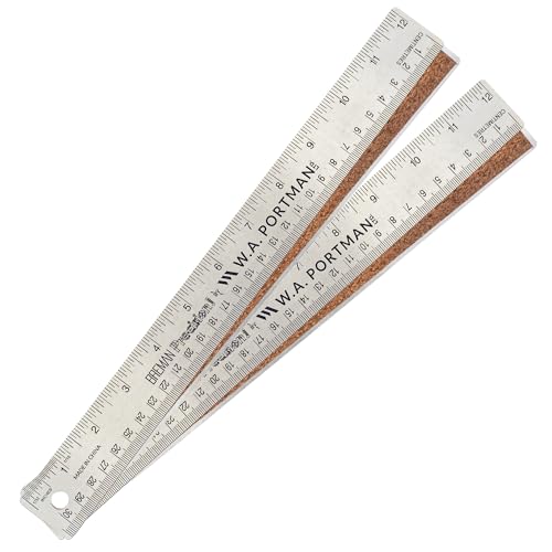 Breman Precision Metal Ruler 12 Inch Cork Back - Straight Edge 12 Inch 2 Pk - Flexible & Non-Slip Stainless Steel Metal Ruler with Cork Backing - Imperial & Metric Graduations for Precision Measuring