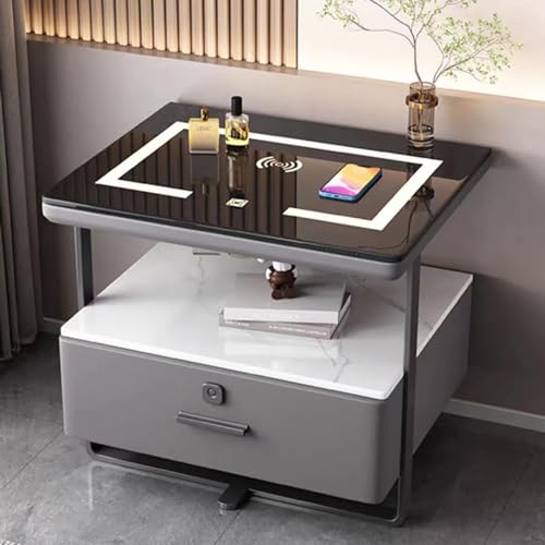 Smart bedside table with LED light, wireless charging smart bedside table with password lock, double-layer storage countertop: tempered glass and slate, steel frame bracket, modern solid wood furnitur