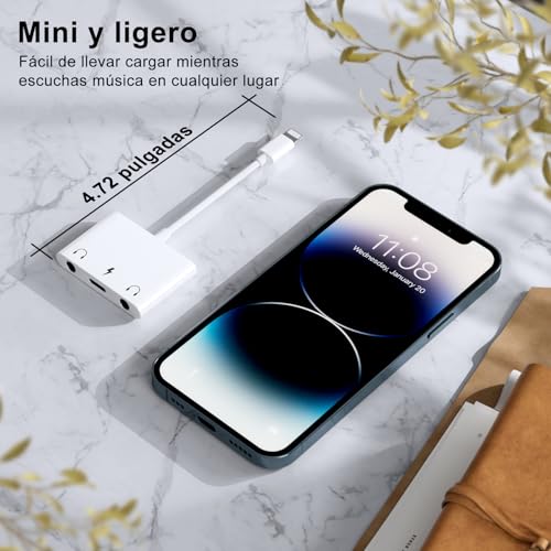 AMLLXEN Adaptador Auriculares Lightn-ing a 3.5 mm, Adaptador Divisor de Audio Auxiliar para Auriculares 3 en 1 Doble de 3.5 mm, con Puerto de Poder, Compatible con iPhone 14/13/12/11/12/8/i-Pad - imagen 7