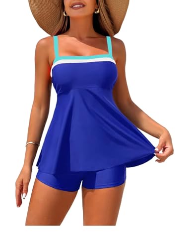 ZAFUL Womens Tankini Swimsuits Two Piece Color Block Bathing Suits Flowy Ruffle Swimwear Royal Blue M