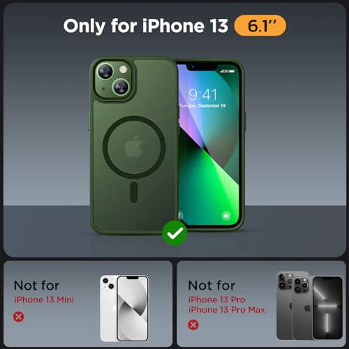 Image of Miracase Magnetic for iPhone 13 Case 6.1 inch (Compatible with MagSafe)(with 2X Screen Protectors) Military-Grade Protection, Anti-Fingerprint Translucent Matte Phone Case Cover, Dark Green