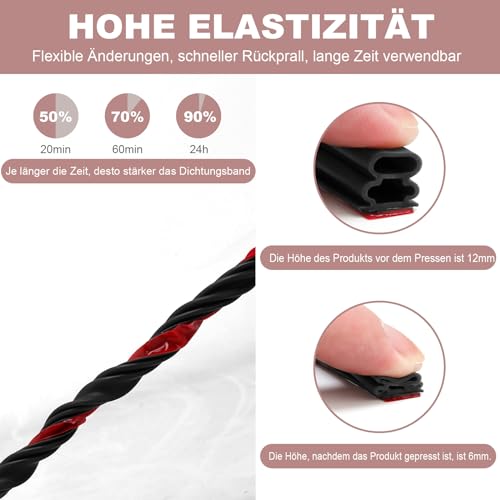 Türdichtung Dichtungsband Selbstklebende 12mm(B)*12mm(D)/6m(L) Türrahmen Dichtung Flexibel, Wasserdicht Dichtungsstreifen Dichtungsgummi,Gummidichtung Abdichtungsband Schwarz
