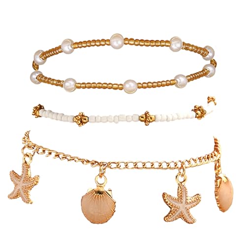 Image of Ankle Bracelets for Women Stretch Boho Pearl Bead Gold Anklets Layered Foot Chain Hawaiian Beach Conch Summer Vacation Travel Foot Jewelry, 3PCS Shell and Starfish