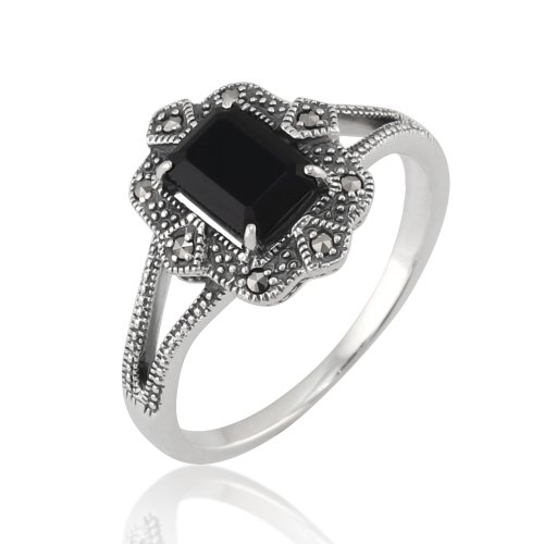 Image of Gemondo USA Sterling Silver 925 7x5mm Octagon Black Spinel & Marcasite Art Deco Inspired Statement Ring