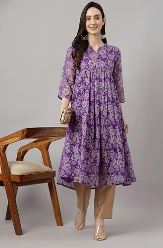 Image of Janasya Women's Chiffon Lurex Floral Printed A-line Kurta