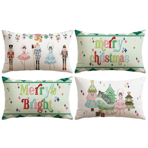 Image of JOTOM Christmas Cushion Covers 30x50 cm Set of 4 Nutcracker Xmas Trees Decorative Throw Pillow Covers Merry Christmas Cushion Cases Winter Holiday Decoration for Home Couch Decor (Nutcracker Green)
