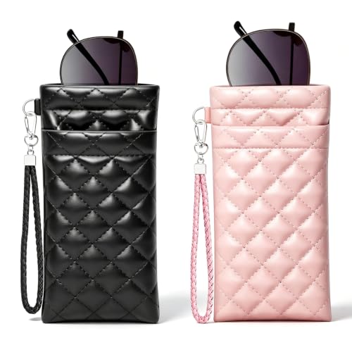 Image of Double Eyeglass Case Squeeze Top Glasses Pouch, Leather Soft Sunglasses Case with Carrying Strap