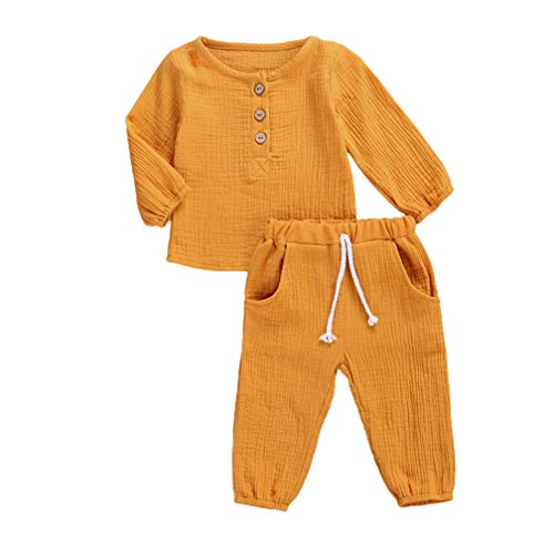 Image of Karuedoo Toddler Baby Boy Girl Cotton Linen Pants Set Solid Long Sleeve T Shirt Top Drawstring Elastic Waist Pants Outfit