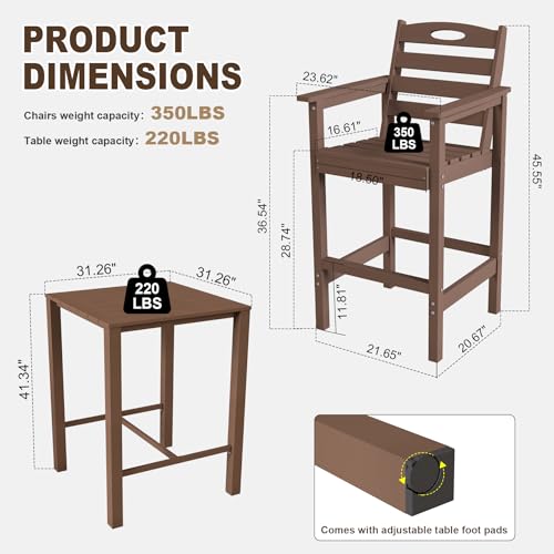 Image of Domi HDPE Adirondack Patio Table and Chairs Set of 3, Adirondack bar Height Outdoor Table and Chairs, All-Weather HDPE Outdoor Bar Set for Poolside, Patio, Backyard, Brown