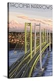 ART.COM Stretched Canvas Print Tacoma, Washington - Narrows Bridge and Rainier by Lantern Press, 24" x 36"