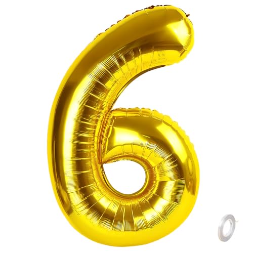 Balorise 40 Pollici Foil Palloncino Oro Numero 6, Gonfiabili Elio, Grande Numeri 0-9, 10-100 (101cm), Decorazione di Alluminio Palloncini per Festa di Compleanno Anniversario