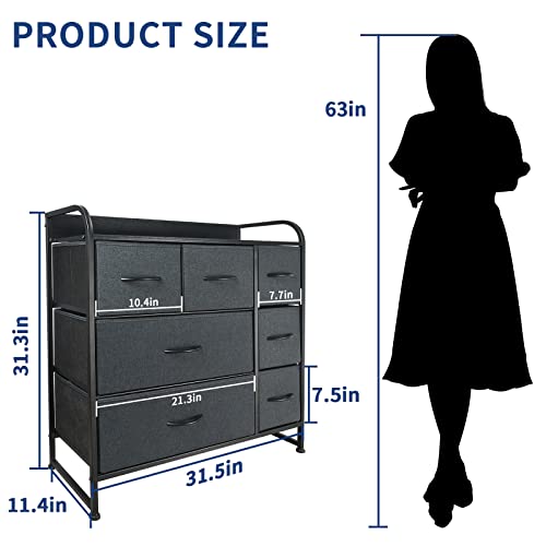 Murealy Fabric Dresser For Bedroom - Dresser With 7 Drawer, Fabric Dresser Tower, Drawer Chest For Closet, Living Room, Office, Entryway, Storage Dresser With Steel Frame, Wood Top, Easy Pull Handle #TOP2