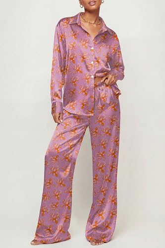 Image of Ekouaer Womens Satin Silky Pajama Set Soft Long PJs Button Down Loungewear | Print Sleepwear Cozy Lounge Set Classic Button Down Shirt and Long Pant with Pockts