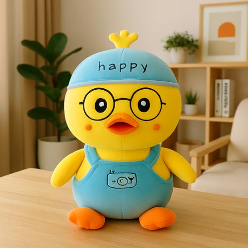 Image of Duck Plush Toy, Yellow with Blue Overalls, Glasses and Cap, Soft Stuffed Animal, 30 cm (Yellow Blue)