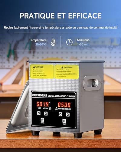 CREWORKS 2L Nettoyeur à Ultrasons 60W Bac Ultrasons 40kHz Professionnelle avec Fonction Minuterie et Chauffage en Acier Inoxydable 304 pour Bijoux Montres Lunettes – vue 6