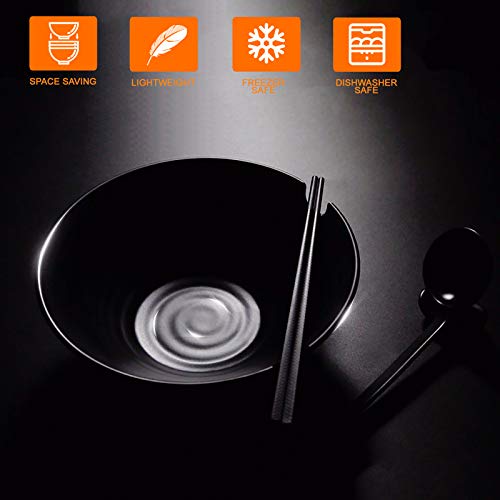 Vivimee Unbreakable Japanese Style Ramen Bowl Set Of 2, 37Oz Black Large Ramen Bowls And Spoons Set With Chopsticks & Saucers For Pho Thai Miso Udon Soup Noodles Or Asian Food, Matte Melamine Bowls #TOP4