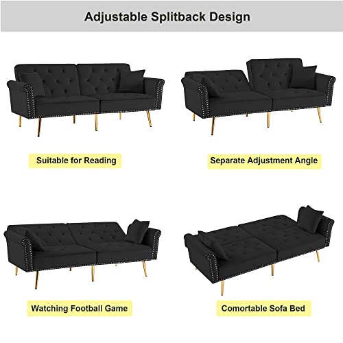 Ouyessir Velvet Futon Sofa Bed With Two Pillows And Nailhead Trim, Modern Convertible Sleeper Couch With 3 Angles Adjustable Back And Golden Metal Legs For Living Room And Bedroom, 76Inches (Black) #TOP4