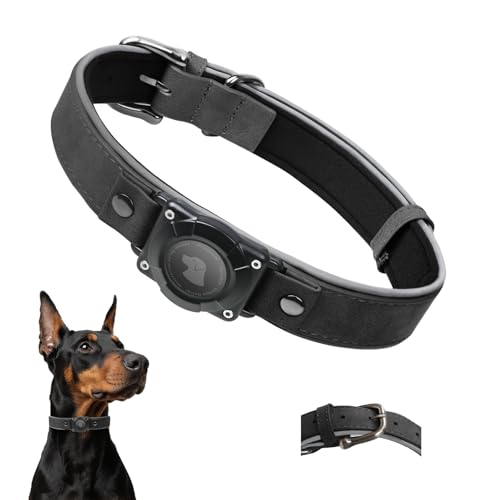 Leather AirTag Dog Collar - IPX8 Waterproof Dog Collar with AirTag Holder-Reflective, High - End, Adjustable Soft Padded -Dog GPS Collar Tracker Fit for Medium Large Dogs (Black, L)