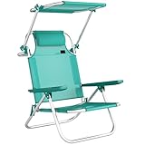 Outsunny Chaise de Plage Pliable, Chaise Longue d'extérieur Plante à 6 Positions avec auvent Ajustable et Repose tête, pour Jardin, Pique Nique, Festival, Voyage, Turquoise