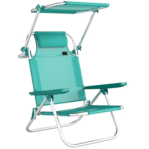 Outsunny Chaise de Plage Pliable, Chaise Longue d'extérieur Plante à 6 Positions avec auvent Ajustable et Repose-tête, pour Jardin, Pique-Nique, Festival, Voyage,...