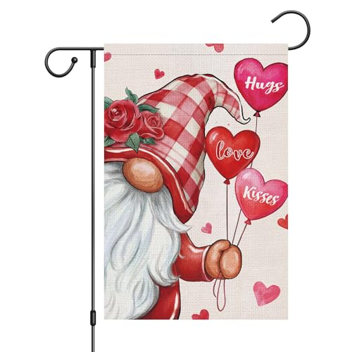 Wodison Valentine's Day Gnome Garden Flag 12x18 Inch love Hugs Kisses Double Sided, Love Heart Anniversary Wedding Yard Outdoor Decorative Flag