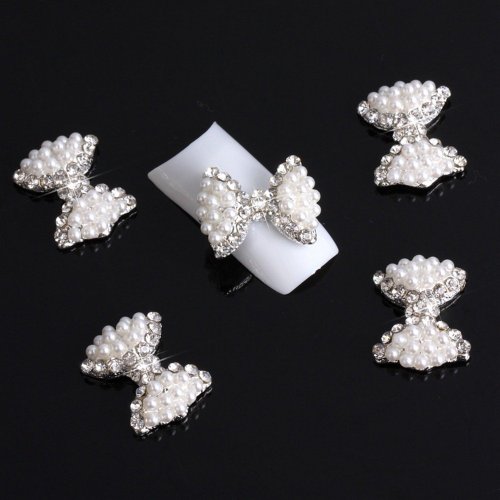 Adored 10Pcs Big 3D White Alloy Bow Tie Faux Pearl Rhinestones Nail Art Glitters by Adored