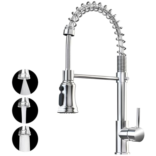 ZHZIRO Kitchen Sink Mixer Tap with 360° Swivel Pull Down Sprayer Commercial Single Handle Tap Cold and Hot 3-Modes Spray with Standard Fittings Chrome