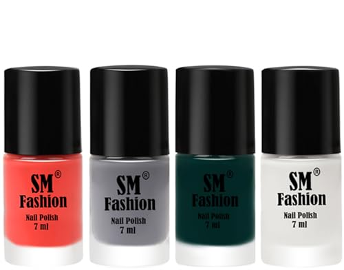 Image of Nail Polish Combo Set (Pack of 4) Quick Dry Gel Finish Nail Paint | Coral,Gray,Dark Green,White | 7 ml Each