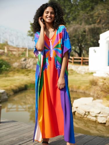 Image of IMAGEKOPE Kaftan Dresses for Women Plus Size Bathing Suit Cover up Vneck Batwing Dress Loose fit Moroccan Caftan mumu Dresses