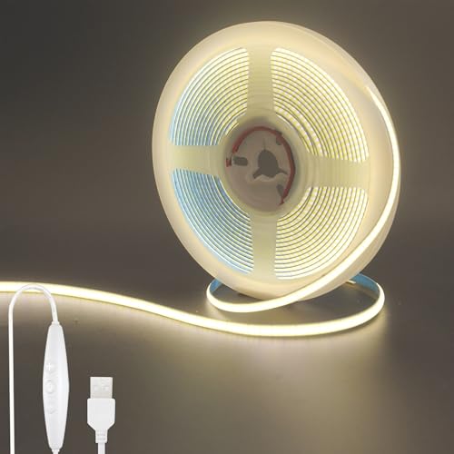 Clearhill 5V 5mm Width USB COB LED Strip Lights with Dimmable Switch,16.4FT/5M,Natural White 4000K,400LEDs/M,8W/M,CRI90,4000lm,Electroplated Double-Sided Panel Light Strip,IP20,for Indoor Decoration by Clearhill - Used condition - US$12.39