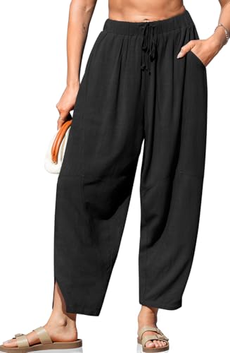 TARSE Women's Linen Harem Pants Casual Loose Fit Wide Leg Cropped Lightweight Drawstring Elastic Waist Pants with Pockets(Black,XL)