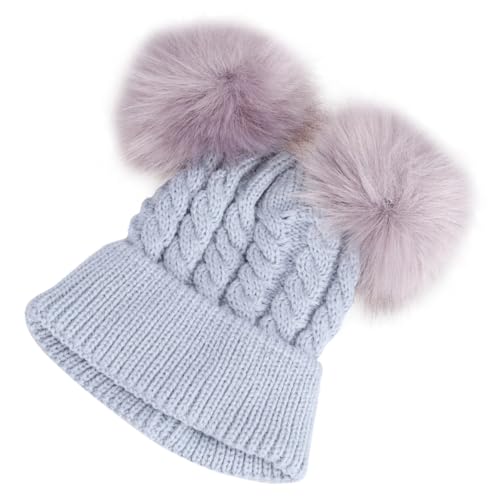 KESYOO Boys and Girls Twisted Knit Hat Double Hairball Design Warm Grey Beanie for Boys and Girls Cozy Headwear for Outdoor Fun
