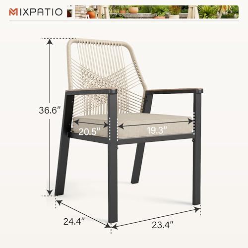MIXPATIO Patio Wicker Chair Sets of 4, Outdoor Dining Chairs with 3.1 inch Seat Cushions, Sturdy Metal Frame & Wood Grain Armrest, Patio Dining Chairs for Porch Backyard, Beige