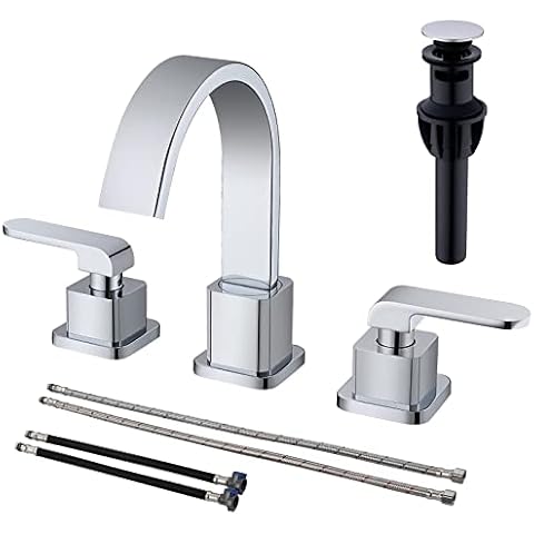 DIKUROOMS 2-Handle 8 inch Widespread Brass Bathroom Vanity Sink Faucet with cUPC Water Supply Lines,Swivel Waterfall Spout, Basin Sink Mixer Tap with Overflow Pop Up Drain Included,Chrome Cover