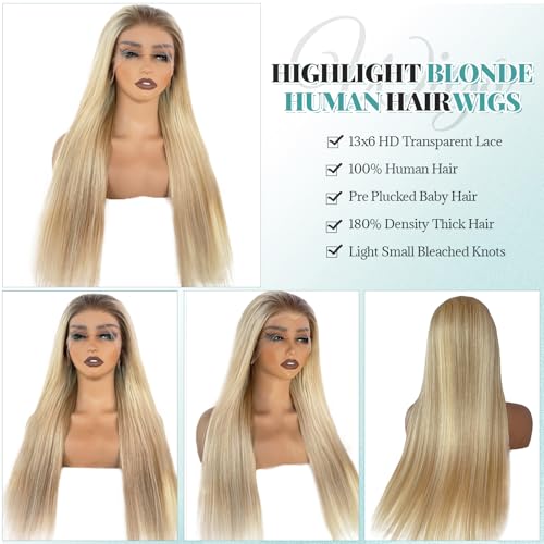 Image of Munx Ash Blonde Highlight Wig Human Hair, 180 Density 13x6 Hd Balayage Wigs Human Hair for Women Brown Highlight Lace Front Wig Pre Plucked Glueless Lace Front Wigs 16 Inch