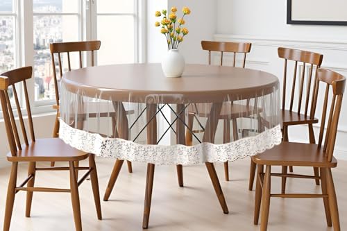 Image of The Furnishing Tree Round Shaped 4 Seater Transparent Table Cover WxL 60x60 inches 0.25 mm Thickness with White Lace